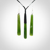 Large New Zealand Kahurangi Pounamu Jade Drop pendant and matching drop earrings. Hand carved from a lovely piece of local New Zealand Kahurangi. Matching necklace and earrings hand carved by Aaron Tabak.